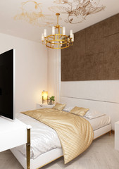 Modern peaceful Bedroom. bedroom in modern colors in white, oriental style, a double bed. Deep sleep. meditation.