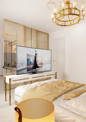 Modern peaceful Bedroom. bedroom in modern colors in white, oriental style, a double bed. Deep sleep. meditation.