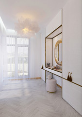 Modern peaceful Bedroom. bedroom in modern colors in white, oriental style, a double bed. Deep sleep. meditation.