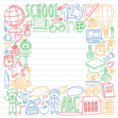 Vector set of Back to School icons in doodle style. Painted, colorful, pictures on a piece of paper on white background. Drawing by pen on exercise notebook.