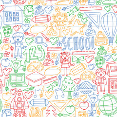 Vector set of Back to School icons in doodle style. Painted, colorful, pictures on a piece of paper on white background. Drawing by pen on exercise notebook.