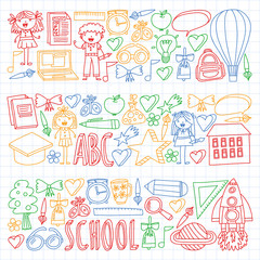 Fototapeta na wymiar Vector set of Back to School icons in doodle style. Painted, colorful, pictures on a piece of paper on white background. Drawing by colorful pen on squared notebook.