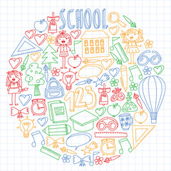 Vector set of Back to School icons in doodle style. Painted, colorful, pictures on a piece of paper on white background. Drawing by colorful pen on squared notebook.