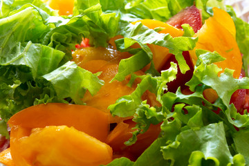 Red and yellow tomatoes in a plate with green lettuce.