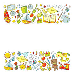 Fototapeta premium Kindergarten with toys. Pattern for children. Little preschool kids education. Drawing, learning, play