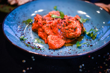 saganaki receipt shrimps with fresh ingredients - seafood delight dish