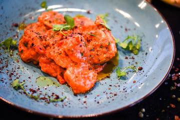 saganaki receipt shrimps with fresh ingredients - seafood delight dish