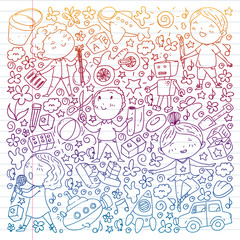 Painted by hand style pattern on the theme of childhood. Vector illustration for children design. Drawing on exercise notebook in gradient style.