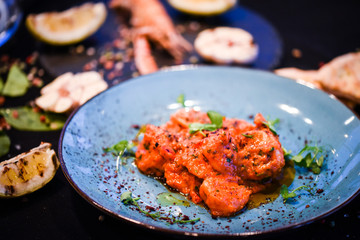 saganaki receipt shrimps with fresh ingredients - seafood delight dish