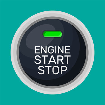 Engine start and stop button with light. Car engine start. Modern starting and stopping switch for motor vehicles. Automobile dashboard element. Vector illustration in flat style