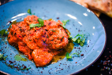 saganaki receipt shrimps with fresh ingredients - seafood delight dish