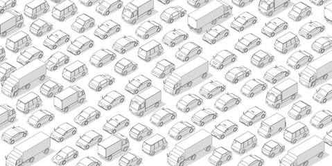 Traffic jam, car plug transport highway road. A lot of cars. Gray lines outline contour style with shadow. Background monochrome vector horizontal banner