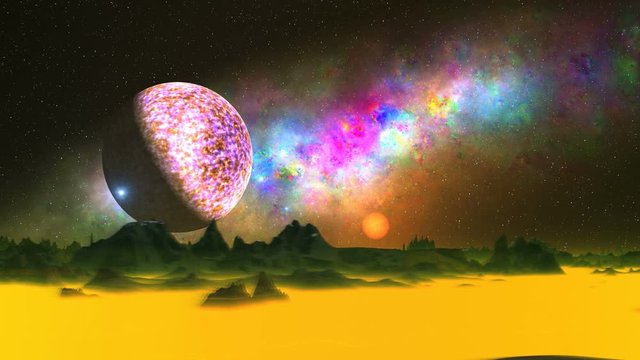 UFO, Moon and Beautiful Nebula over an Alien Planet. In the dark starry sky beautiful colorful nebula. Bright blue objects (UFO) fly quickly over the dark mountains, standing among thick yellow fog.