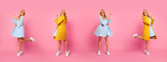 Collage Of Girl In Coat Jumping On Pink Background