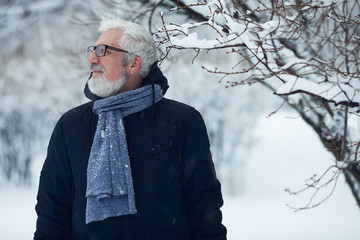 Active grandpa concept. Portrait of handome mature man in trendy winter clothing and fashionable glasses standing near bushes, over snow park background. Close up. Text-space.  Outdoor shot