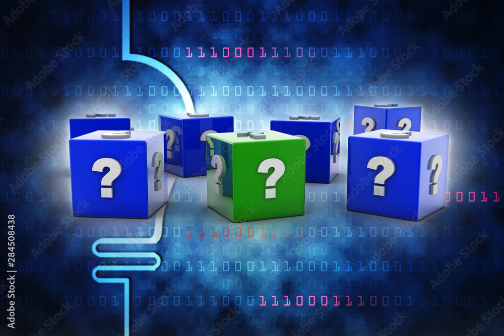Poster 3d rendering question mark with cube