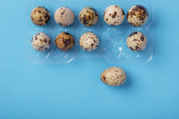 Beautiful spotted fresh quail eggs on a blue paper background