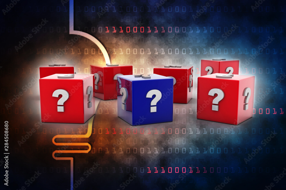 Poster 3d rendering question mark with cube
