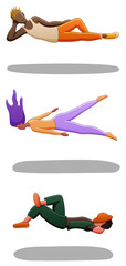 Set of levitating guy in orange pants, girl with purple hairs and guy with hat on his face. There are shadows below them on the ground. White background, vector.