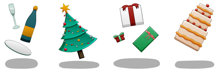 Set of levitating Christmas attributes: champagne, christmas tree, gift boxes and cake. There are shadows below them on the ground. White background, vector.