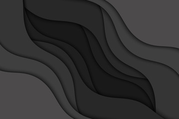 Background with black waves. Abstract wavy black paper background.