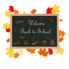 Welcome back to school banner. White lettering on black dashboard in wood frame, yellow red maple leaves on white
