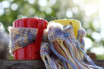 two circles wrapped in a scarf on a background of trees with glare of sunlight. warm joint morning