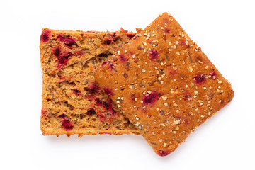 Rye bread slice on a white background.