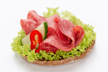 Sandwich with salami sausage on white background.