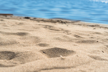 Marine background - shore of the sea after a storm closeup, selective focus. Seashore and sand
