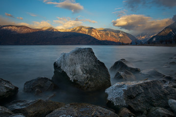 Russia. mountain Altai. Southern shore of lake Teletskoye near the mouth of the river Chulyshman