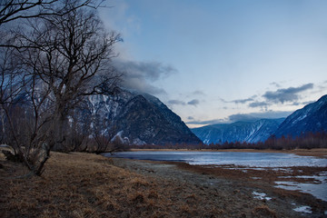 Russia. mountain Altai. Southern shore of lake Teletskoye near the mouth of the river Chulyshman