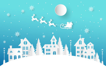 Winter landscape with houses and trees.Santa Claus on the sky in winter season.Merry Christmas and Happy New Year. paper art design.Vector EPS 10.
