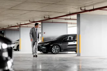 Fototapeten Quick and comfortable. Businessman in grey suit parks his car at parking lot. Copy space on the right side © Adamov