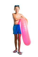A full-length shot of Child on summer vacation keeping arms crossed on isolated white background