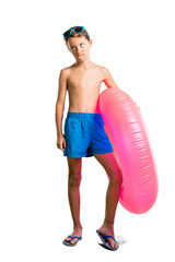 A full-length shot of Child on summer vacation having doubts and with confuse face expression on...
