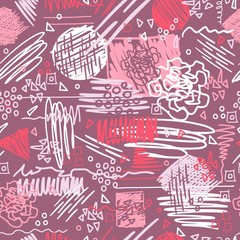 Scribble vector collage seamless pattern. Hand drawn illustration with scrawl, scratches and different geometry shapes for funky trendy designs.