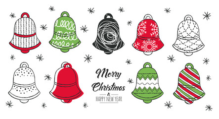 Set of hand drawn christmas bell. Decoration isolated elements . Doodles and sketches vector illustration