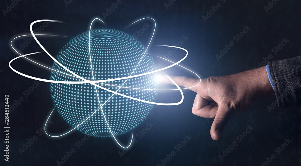 Poster man touching new 3d scientific technologies on globe
