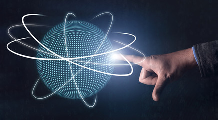 Man Touching new 3D scientific technologies on globe