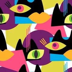 Behang Ogen Naadloos abstract vectorpatroon met abstracte vormen van katten en ogen.