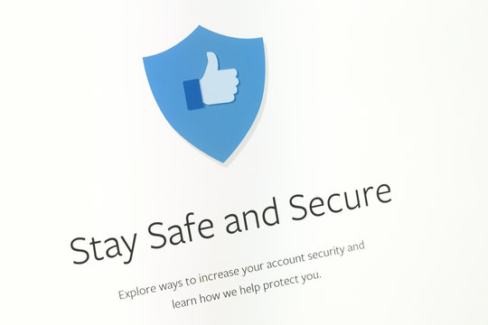 Closeup of the word "Stay Safe and Secure" of the Facebook website.
