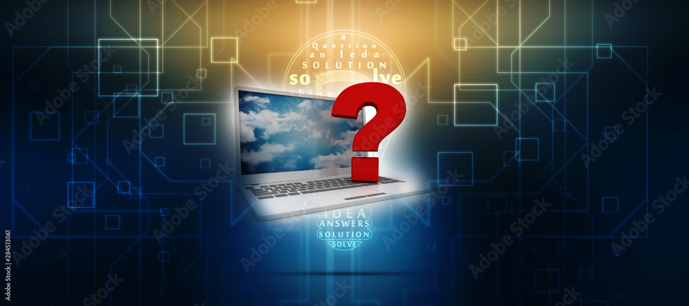 Poster 3d rendering computer online help information concept. red question mark over laptop keyboard.