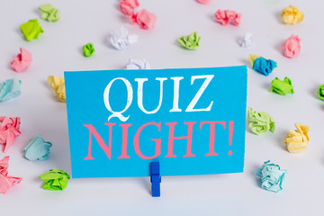 Writing note showing Quiz Night. Business concept for evening test knowledge competition between...