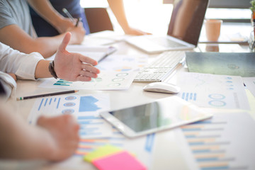 Finance managers meeting.Digital tablet laptop computer design smart phone 