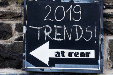 Fototapeta premium Word writing text 2019 Trends. Business photo showcasing general direction in which something is developing or changing Advertisement concept with empty copy space on the road sign