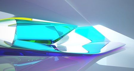 Abstract smooth architectural white and glass gradient color interior of a minimalist house with large windows. 3D illustration and rendering.