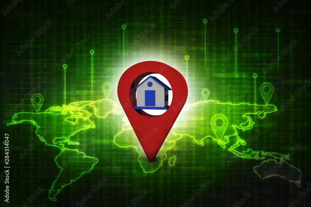 Poster 3d illustration search for property.a map with large red gps pointer containing