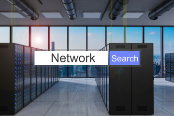network in blue search bar large modern server room skyline view, 3D Illustration