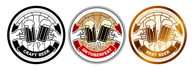 Hands clinking of beer mugs with frothy ale. Banner heraldic ribbon with title Oktoberfest, Best, Craft Beer. Vector illustrations of round sticker, emblem, beer mat coaster, icon in flat line style.